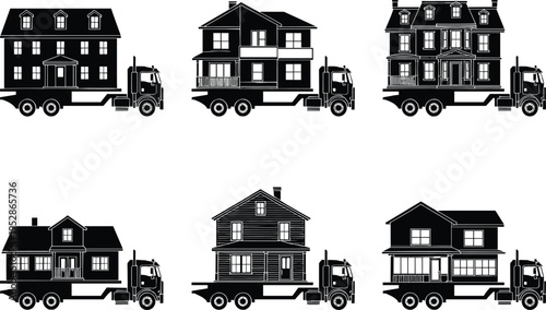Relocatable houses on trucks silhouette, mobile home transport illustration, diverse residential architecture styles, building relocation logistics, black vector art design concept