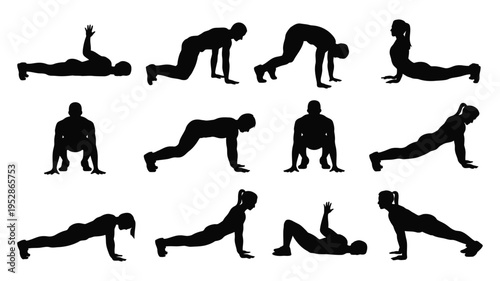 Various yoga poses and stretches in black silhouette on white background for fitness and wellness concepts
