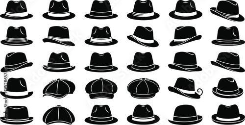 Collection of black classic hat silhouettes including fedora, trilby, newsboy cap, and panama styles for vintage fashion design, gentleman accessories, and retro clothing icons.