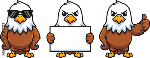 Cartoon eagle mascot set with sunglasses, blank sign board and thumbs up gesture, strong bird character vector illustration