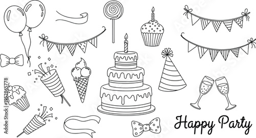 Birthday party doodle elements set with cake balloons bunting and celebration icons, outline hand drawn vector illustration collection
