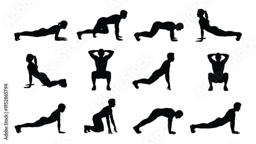 Collection of people doing various yoga and fitness exercises in different poses and positions on white background