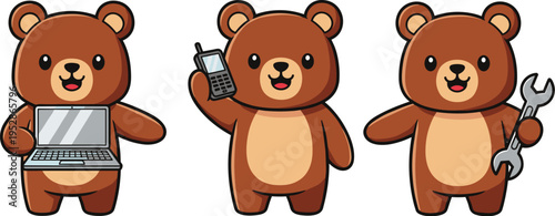 Cute bear characters with laptop, phone and wrench, cartoon mascot set representing technology communication and repair services