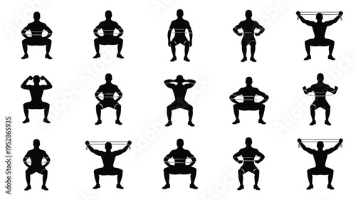 Silhouettes of men exercising with resistance bands in various fitness poses and positions on white background