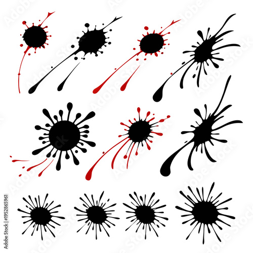Assorted ink splashes, paint splatters, abstract blots, artistic drips, grunge textures, with black and red fluid elements for design use