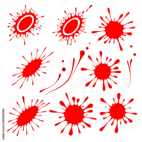 Red paint splash and blotch vector set with various splatter shapes and liquid drip effects for artistic backgrounds and creative layout elements