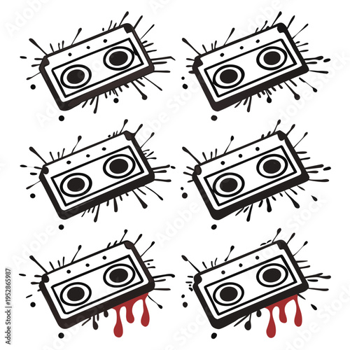 Set of six black cassette tape icons with ink splatters and blood drips isolated on a white background creating a grunge aesthetic