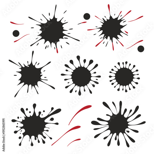 Collection of various black ink splashes and splatters with hints of red isolated on a white background for design elements