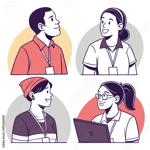 Set of diverse worker avatars wearing identification badges including man and women using laptop computer for corporate staff profiles vector graphic