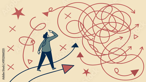 Confused businessman standing at crossroads looking for solution to complex problem choosing right direction finding way out of tangled road