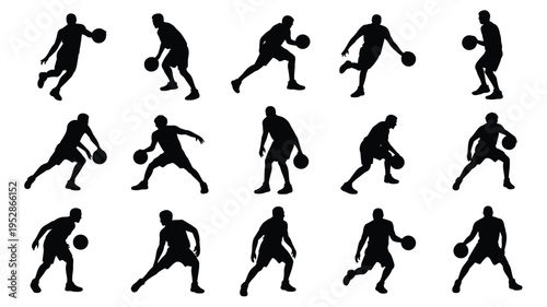 Collection of black silhouette illustrations of basketball players in various dynamic poses and movements on white background
