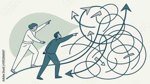 Business team looking for solution to complex problem choosing right direction finding way out of tangled road metaphor for difficult choice