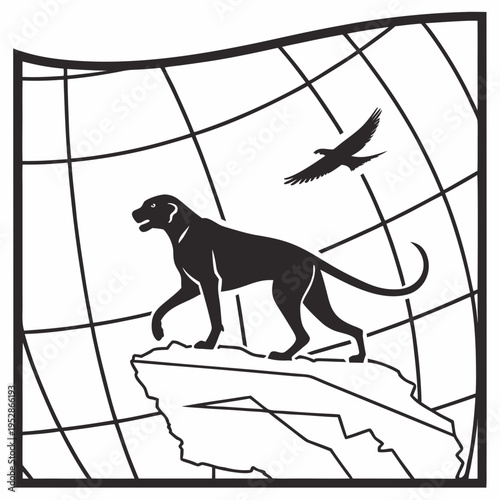 Black silhouette of panther walking on rocky terrain with eagle bird flying above against curved grid background nature and predator illustration art