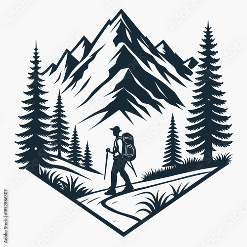 Silhouette of hiker with backpack and poles on mountain path amidst pine trees and majestic mountain range