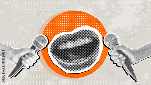 Trendy Halftone Collage Journalist's mouth screams into microphone. Social media interview. Daily news. Reporter with audio equipment. Press conference. Contemporary vector illustration art
