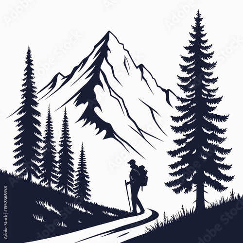 Minimalist hiker silhouette exploring vast mountain range through dense evergreen pine forest trail during outdoor adventure trekking expedition trek