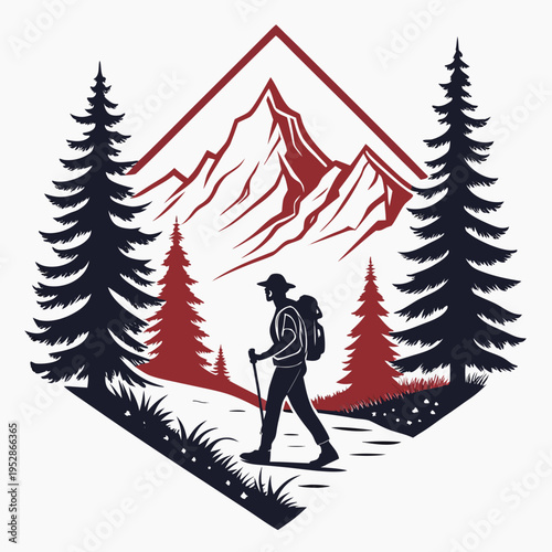 Vintage badge style hiker silhouette walking through pine forest with large mountain peak background in two tone color palette for outdoor adventure