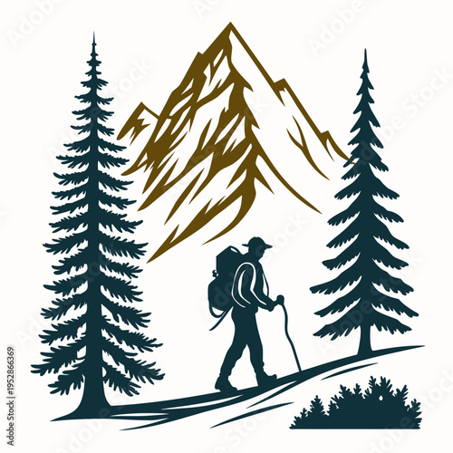 Minimalist vector illustration of traveler with backpack walking uphill towards high mountain peak between pine trees for hiking and camping concepts