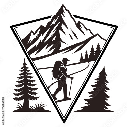 Hiker silhouette with backpack and trekking pole, mountain peaks, pine trees, framed outdoor adventure emblem design