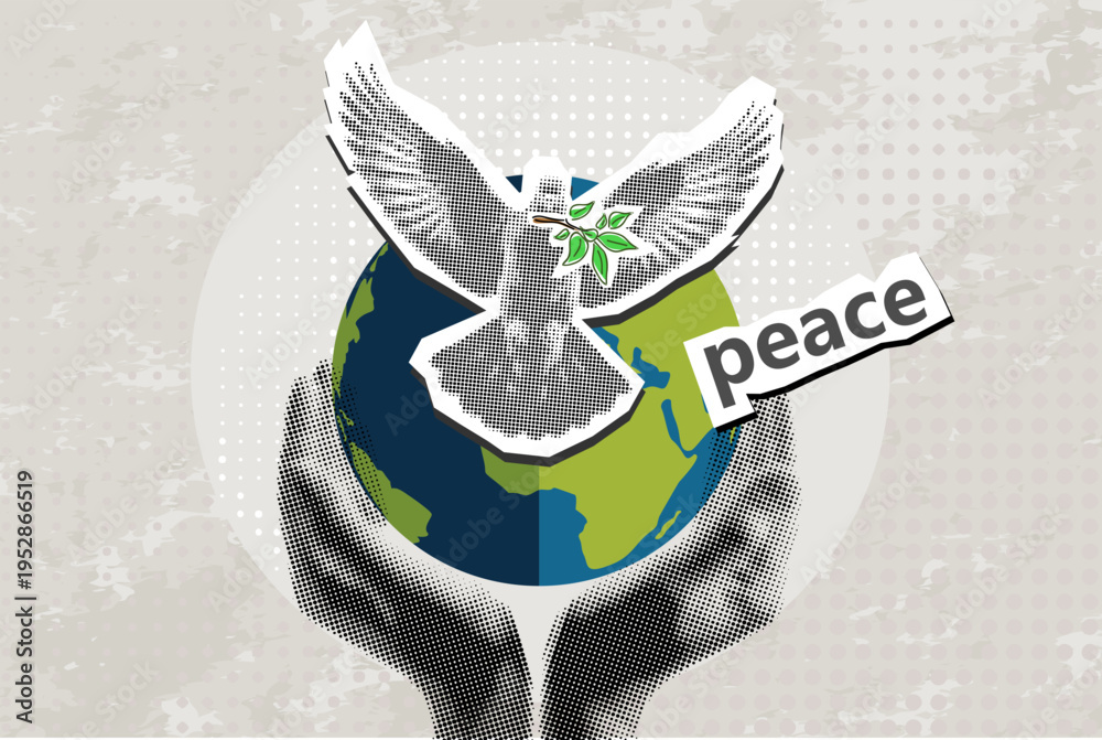 Obraz premium Trendy Halftone Collage releasing a dove with olive branch from hand to flight on globe background. Bird symbol of peace and freedom. Concept for logo, card, banner, poster