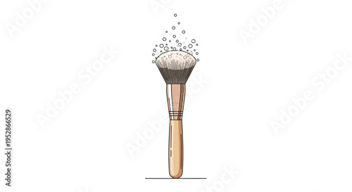 Makeup brush with powder particles and bubbles, isolated on white background