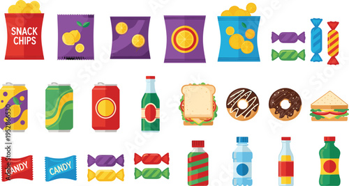 Colorful snack food collection with chips, candy, donuts, sandwiches and soft drinks, assorted fast food and packaged snacks vector illustration set