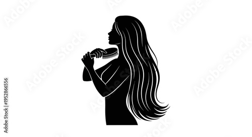 Silhouette of a woman brushing long, flowing hair with a hairbrush