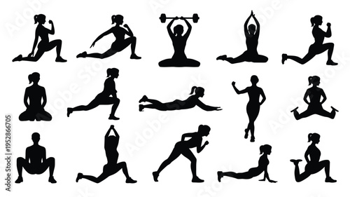 Collection of black silhouette icons depicting various fitness and exercise poses with people doing yoga stretching and weightlifting on white background for healthy lifestyle