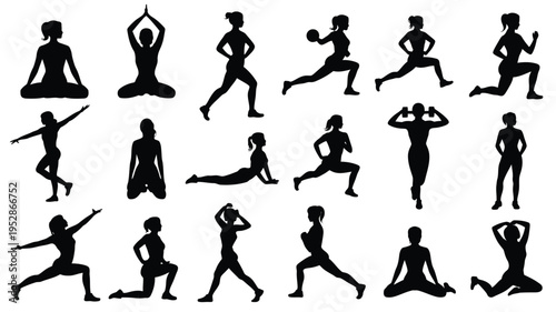 Collection of black silhouette yoga poses and exercises on white background for fitness and wellness concepts