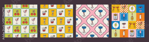 Whimsical hand drawn drinks, cocktails seamless pattern in trendy whimsical style. Perfect  background for quirky italian wedding holiday, poster cards, dinner and bar menu, fabric, wrapping paper.