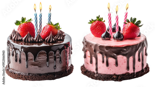 Two decorated birthday cakes with candles on transparent background