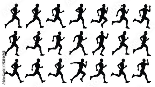 Multiple black silhouettes of men running in different poses on white background for fitness and sports concepts