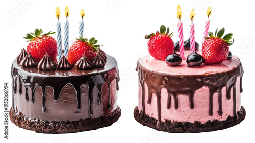 Two decorated birthday cakes with candles on transparent background