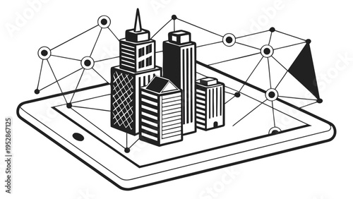 Construction site with crane and bar graph illustration