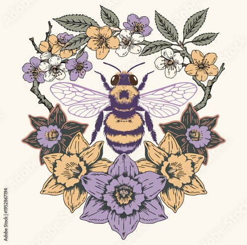 Illustrated bee surrounded by colorful flowers in a decorative floral arrangement design