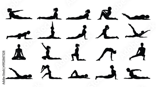 Collection of various yoga poses and stretches in black silhouette on white background for fitness and wellness concepts