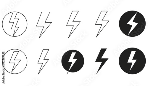 Thunder lightning vector icon pack with circle elements in outline and silhouette style