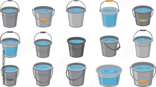 Water bucket vector set with metal and plastic pails filled with water, household container collection illustration