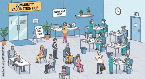 Community Vaccination Hub Scene with Diverse People Receiving Shots.