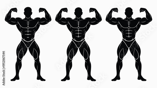 Muscular men posing in various bodybuilding stances with highlighted muscle groups on a white background