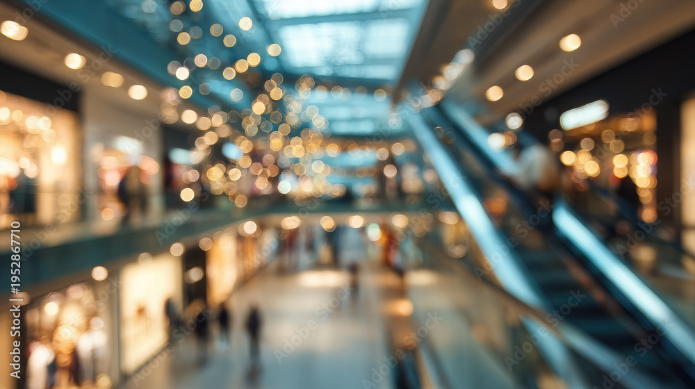 Fototapeta premium Blurred background of a shopping center, people, stores, escalators, shopping, mall, hall, architecture, out-of-focus photo, bokeh