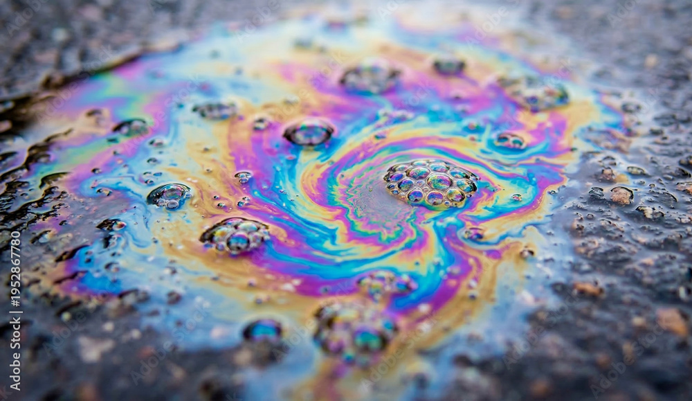 Fototapeta premium Rainbow oil slick on wet asphalt texture.
