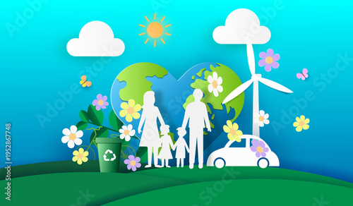 Eco Family and Sustainable World Paper Art with Wind Turbine, Electric Car and Recycling Concept