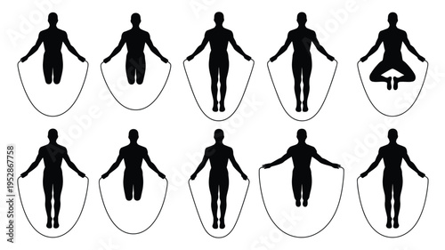 Jumping silhouette people exercising with rope on white background fitness and activity concepts