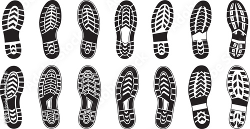 Footwear Tread Patterns and Shoe Sole Texture Silhouette Set