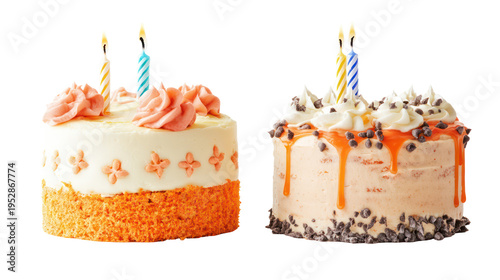 Two decorated birthday cakes with lit candles on transparent background