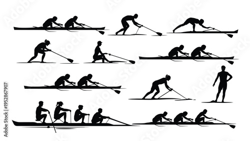 Kayaking and canoeing silhouettes with various paddling techniques and positions on water sports