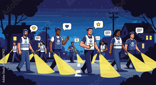 Community volunteers search for lost items at night.