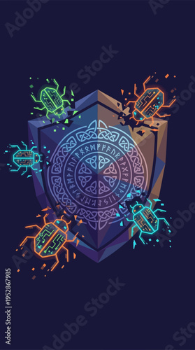 Cyber security shield with celtic runes defending against glowing digital computer bug malware