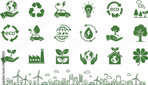 Green energy and recycling icons feature various symbols representing ecology, sustainability, and environmental protection efforts.